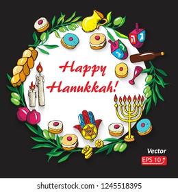Greeting card Jewish holiday Hanukkah set traditional symbols -  dreidels, Hebrew letters, donuts, menorah candles, oil jar, star David, challah, gelt, hamsa, isolated on black background,  Vector