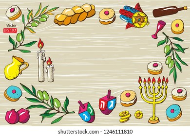 Greeting card Jewish holiday Hanukkah set traditional Chanukah symbols - dreidels, Hebrew letters, donuts, menorah candles, oil jar, star David, challah, gelt, on wood background,  Vector