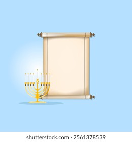 Greeting card for the Jewish holiday of Hanukkah. Hanukkah gold Menorah with burning candles and an ancient scroll on a blue background.