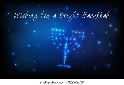 Greeting card for the Jewish holiday of Hanukkah. Menorah or Hanukkiya shaped out of stars in the night sky for the Jewish holiday of Hanukkah written with the blessing - Wishing You a Bright Hanukkah