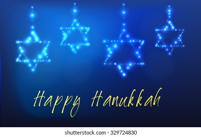 Greeting card for the Jewish holiday of Hanukkah. Star of David shaped out of stars in the night sky for the Jewish holiday of Hanukkah written with the blessing - Happy Hanukkah