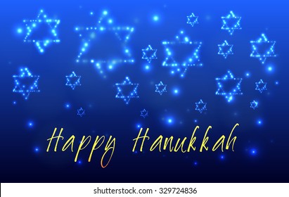 Greeting card for the Jewish holiday of Hanukkah. Magen David shield stars in the night sky for the Jewish holiday of Hanukkah written with the blessing - Wishing You a Bright Hanukkah