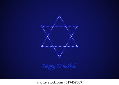 Greeting card for the Jewish holiday of Hanukkah. Star of David shaped out of stars in the night sky for the Jewish holiday of Hanukkah written with the blessing - Happy Hanukkah