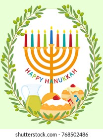 Greeting card for jewish holiday of Hanukkah, hanukkah menorah - traditional candelabrum with sufganiyot doughnuts and olive oil jug