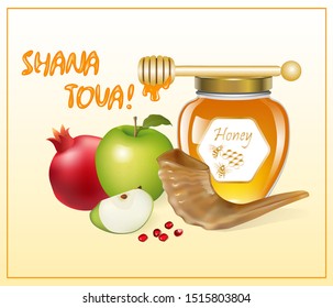 greeting card for the Jewish holiday Rosh Hashanah with apple, honey, pomegranate, traditional musical instrument (shofar ) and text "shana tova" (Happy new year) 