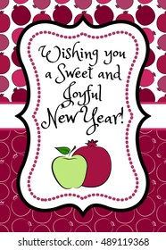 Greeting card for jewish holiday Rosh Hashanah with red pomegranate and green apple