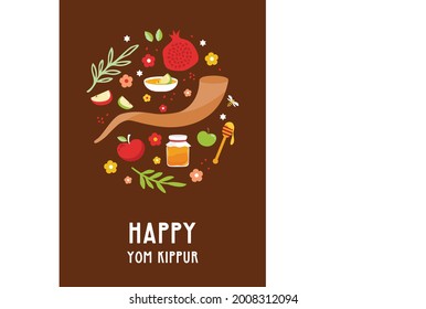 Greeting card for Jewish holiday Yom Kippur and jewish New Year, rosh hashanah, with traditional icons. design with traditional Jewish New Year symbols, apple, honey, shofar and flowers. Vector 