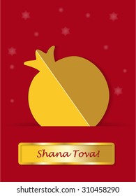 Greeting card for Jewish New Year, Rosh Hashanah. Gold pomegranate with banner on red background, shanah tovah