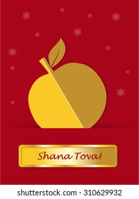 Greeting card for Jewish New Year, Rosh Hashanah. Gold apple with banner on red background, shanah tovah