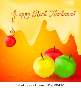 Greeting card for Jewish New Year holiday with happy Rosh Hashanah text. Vector illustration eps 10. Concept with symbols of Rosh Hashanah: green yellow red apples with honey.