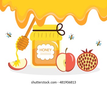 Greeting card for the Jewish New Year Rosh Hashanah, Shana Tova. Rosh Hashanah greeting card. Honey and apples, pomegranates. Vector illustration