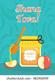 Greeting card for the Jewish New Year Rosh Hashanah, Shana Tova. Rosh Hashanah greeting card. Greeting card with the inscription Shana Tova. Honey and apples. Vector illustration