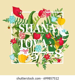  Greeting card for Jewish New Year with flowers and traditional elements of Holiday Rosh Hashanah. Shana Tova. 5778