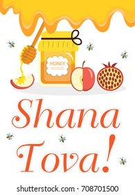 Greeting card for the Jewish New Year Rosh Hashanah, Shana Tova. Honey and apples, pomegranates. Vector illustration