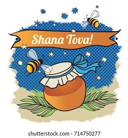 Greeting Card for Jewish new year holiday Rosh Hashanah in english
with traditional symbols.