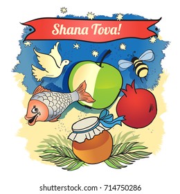 Greeting Card for Jewish new year holiday Rosh Hashanah in english
with traditional symbols.