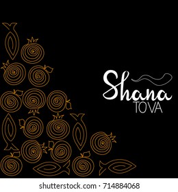 Greeting card for Jewish New Year with flowers and traditional elements of Holiday Rosh Hashanah. "Shana Tova" (Happy New Year on hebrew). 