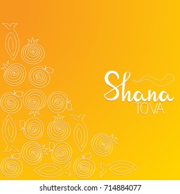 Greeting card for Jewish New Year with flowers and traditional elements of Holiday Rosh Hashanah. "Shana Tova" (Happy New Year on hebrew). 