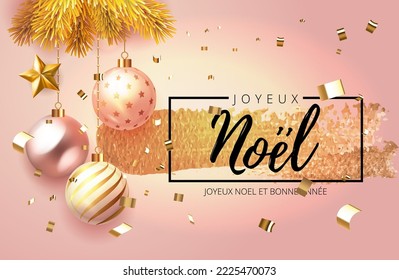 Greeting card Joyeux Noel. Elegant pink Shining background Merry Christmas Banner with Christmas balls, stars xmas celebration composition. Vector illustration decoration element