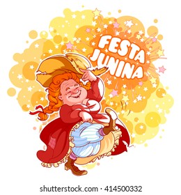Greeting card for June Festival in Brazil. Dancing old lady in red dress. Vector cartoon character.