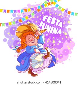 Greeting card for June Festival in Brazil. Dancing old lady in blue dress. Vector cartoon character.