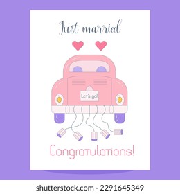 Greeting card with just married getaway car with cans and Let's go sign. Congratulations postcard for bride and groom for wedding day. Minimal congrats card for newlyweds on white background.