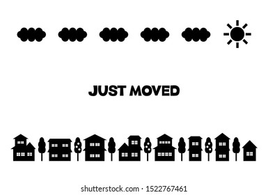 House‐moving greeting card. Just Moved. Vector illustration of cityscape.