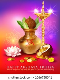 Greeting card with kalash and gold coins for Indian festival Akshya Tritiya. Vector illustration.