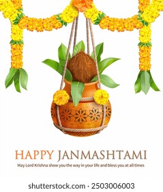 Greeting card with Kalash (pot, handi) and toran (garland) for Hindu festival Krishna Janmashtami (birth of Lord Krishna). Vector illustration.