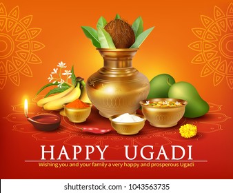 Greeting card with Kalash and traditional food pachadi with all flavors for Indian New Year festival Ugadi, Gudi Padwa. Vector illustration.