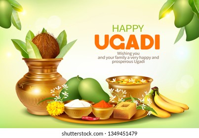 Greeting card with Kalash and traditional food pachadi with all flavors for Indian New Year festival Ugadi (Gudi Padwa, Yugadi). Vector illustration. - Shutterstock ID 1349451479