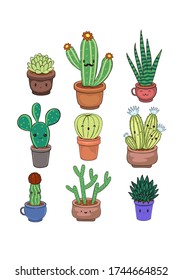 Greeting card with kawaii cacti on a white background. Vector graphics.