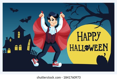 Greeting card with kid in vampire costume, halloween party.