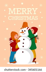 Greeting Card Kids build a Snowman Merry Christmas Party - Vector flat design