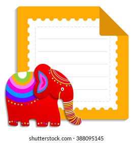 Greeting card for kids. Cute red elephant on a yellow background. Vector illustration.