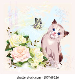 greeting card with kitten, butterfly and roses