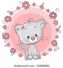 Greeting card Kitten with flowers 