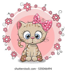 Greeting card Kitten with flowers on a pink background