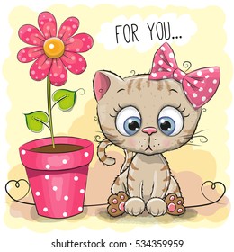 Greeting card kitten girl with flower on a yellow background