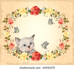 greeting card with kitten, roses and butterflies