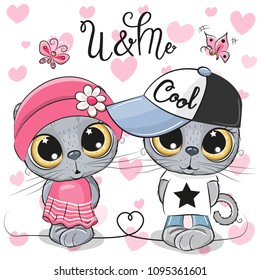 Greeting card Kittens boy and girl on a hearts background