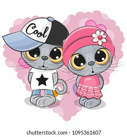 Greeting card Kittens boy and girl on a heart background