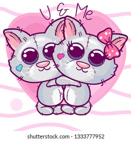 Greeting card Kittens boy and girl on a heart background. Can be used for baby t-shirt print, fashion print design, kids wear, baby shower celebration greeting and invitation card. - Vector