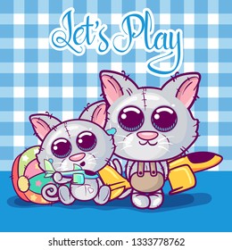 Greeting card Kittens boy and girl on a toys background. Can be used for baby t-shirt print, fashion print design, kids wear, baby shower celebration greeting and invitation card. - Vector