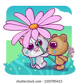 Greeting card Kittens boy and girl with a flower. Can be used for baby t-shirt print, fashion print design, kids wear, baby shower celebration greeting and invitation card. - Vector