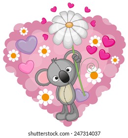 Greeting card Koala with hearts and flower 