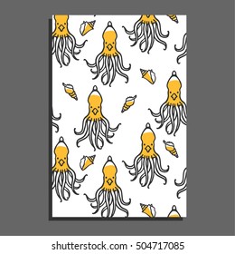 Greeting card with kraken and shells. Cute childish illustration. Background with cartoon mythical beast. Little sea monster