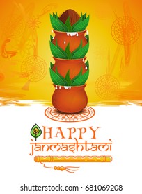 Greeting card for Krishna Janmashtami. Earthen pots of makhan and coconut. Indian fest. Celebrating birth of Krishna. Vector illustration
