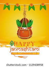 Greeting card for Krishna Janmashtami. Indian festival of janmashtami celebration. Dahi Handi. Janmashtami design with pot of yoghurt, peacock feather and flute. Vector illustration