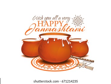 Greeting card for Krishna Janmashtami. Pots of yoghurt and flute. Indian fest. Dahi handi on Janmashtami, celebrating birth of Krishna. Vector illustration